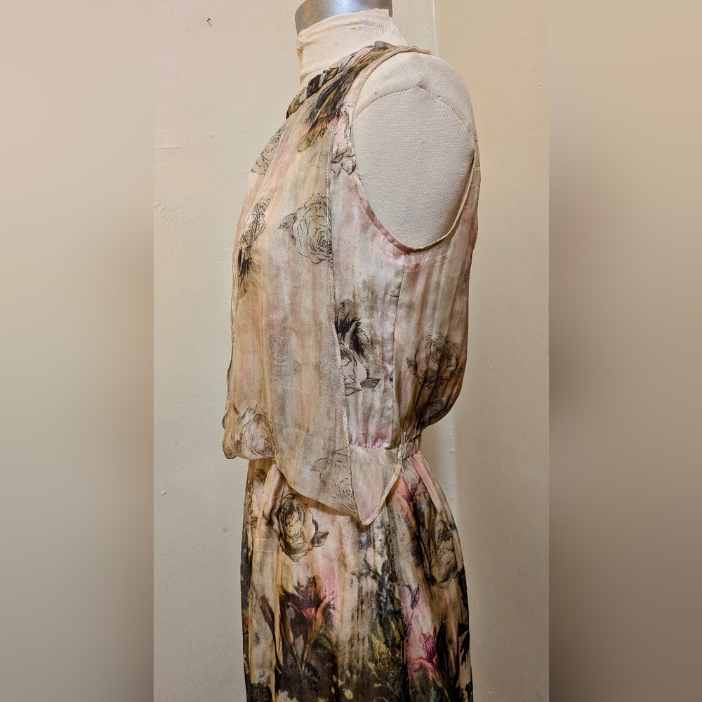 Queen Mulock Floral Silk Midi Rose Print Dress - Size S - Picture 9 of 14